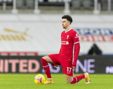 Liverpool’s Curtis Jones kneels down (takes a knee) in support of the Black Lives Matter movement before the FA Premier League match between Newcastle United FC and Liverpool FC at St James' Park