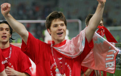 Liverpool's Xabi Alonso celebrates winning European Cup after beating AC Milan on penalties during the UEFA Champions League Final at the Ataturk Olympic Stadium, Istanbul