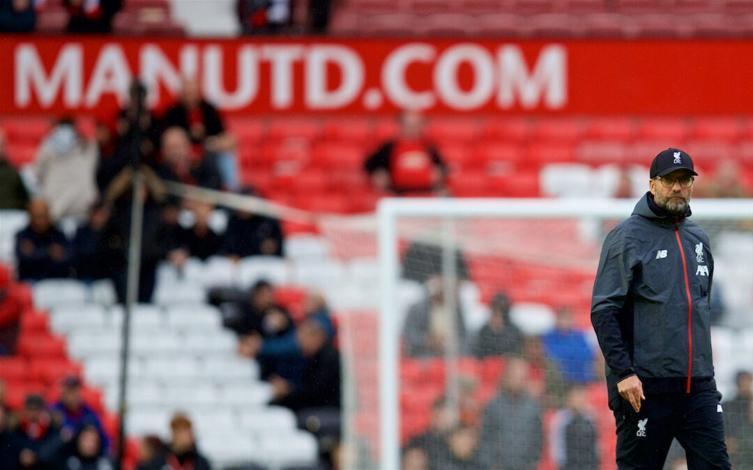 Liverpool's manager Jürgen Klopp during the pre-match warm-up before the FA Premier League match between Manchester United FC and Liverpool FC at Old Trafford