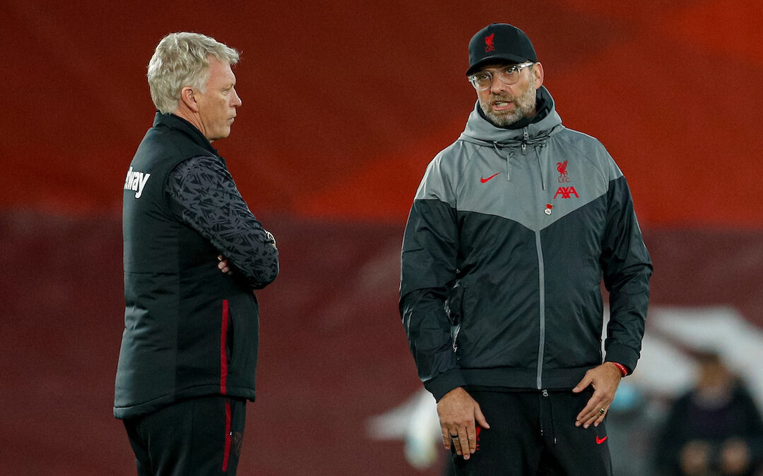 Liverpool’s manager Jürgen Klopp (R) chats with West Ham United's manager David Moyes before the FA Premier League match between Liverpool FC and West Ham United FC at Anfield