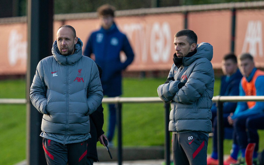 Liverpool's Under-23 coach Barry Lewtas (L) and assistant coach Gary O'Neil during the Premier League 2 Division 1 match between Liverpool FC Under-23's and Blackburn Rovers FC Under-23's at the Liverpool Academy
