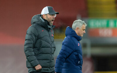 Liverpool's manager Jürgen Klopp (L) celebrates at the final whistle as Tottenham Hotspur's manager José Mourinho looks dejected during the FA Premier League match between Liverpool FC and Tottenham Hotspur FC at Anfield