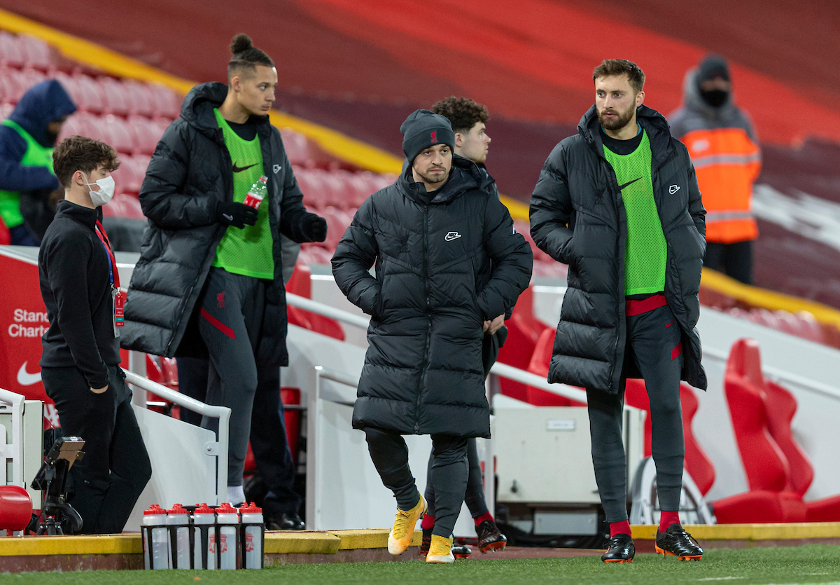 Liverpool's substitutes Rhys Williams, Xherdan Shaqiri and Nathaniel Phillips