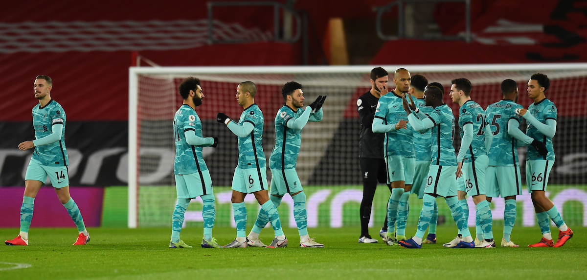 Liverpool players before the FA Premier League match between Southampton FC and Liverpool FC at St Mary's Stadium