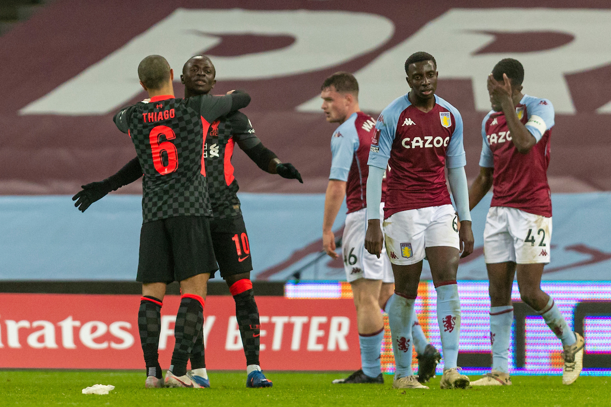 Liverpool's Sadio Mané (R) celebrates with team-mate Thiago Alcantara after scoring the third goal during the FA Cup 3rd Round match between Aston Villa FC and Liverpool FC at Villa Park