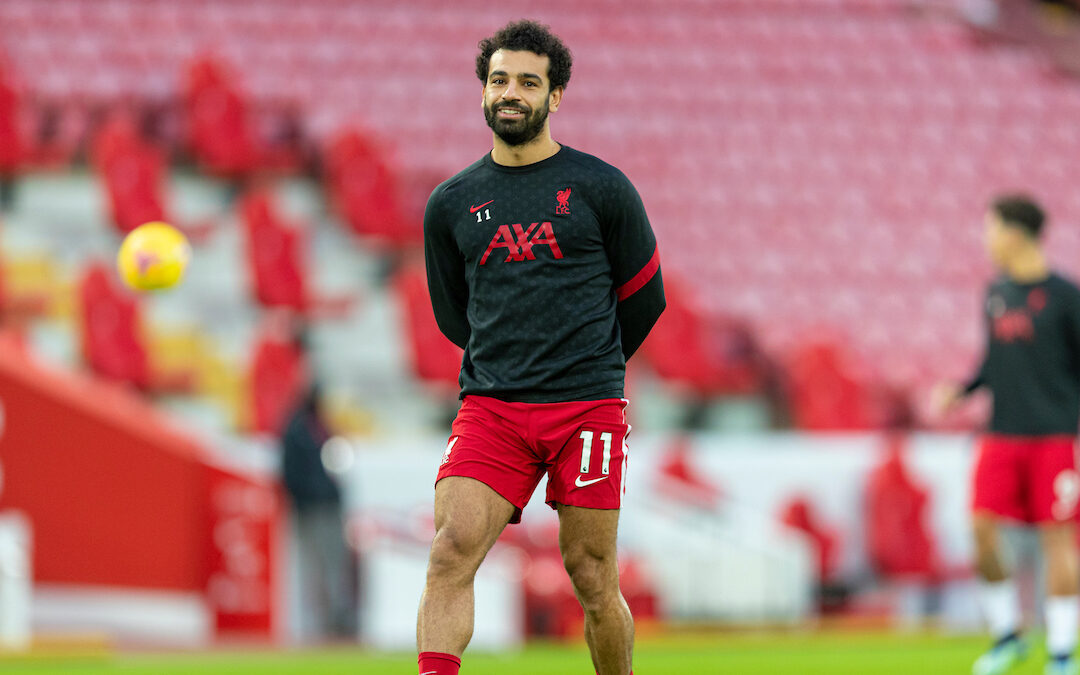 Liverpool's Mohamed Salah during the pre-match warm-up before the FA Premier League match between Liverpool FC and Manchester United FC at Anfield