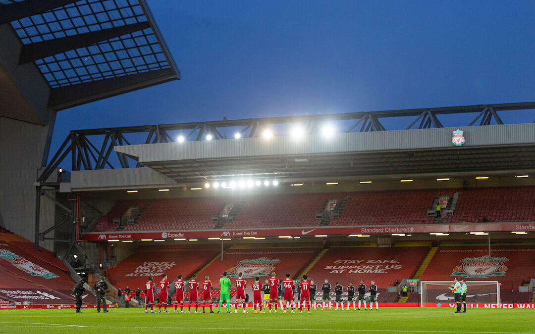 Liverpool and Manchester United players stand to remember the late Gerry Marsden before the FA Premier League match between Liverpool FC and Manchester United FC at Anfield
