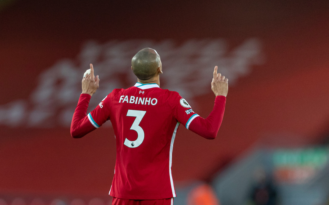 Liverpool's Fabio Henrique Tavares 'Fabinho' prays before the FA Premier League match between Liverpool FC and Manchester United FC at Anfield