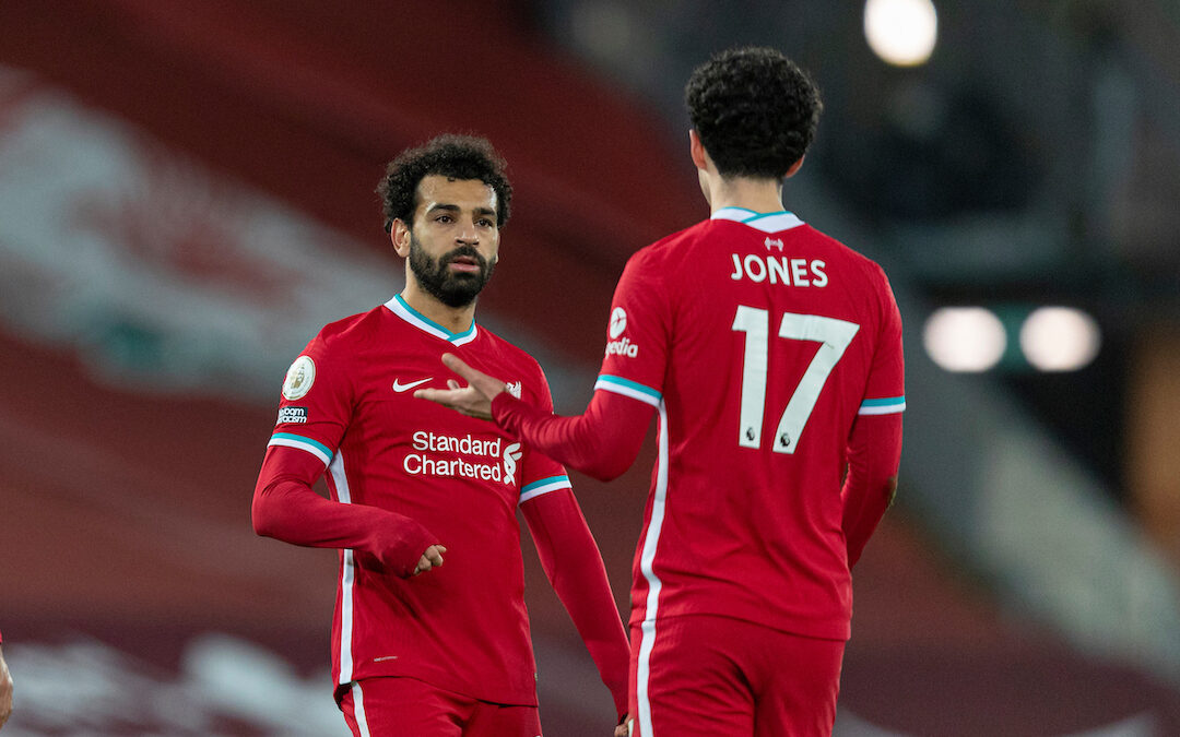 Liverpool's Mohamed Salah (L) and Curtis Jones after the FA Premier League match between Liverpool FC and Manchester United FC at Anfield