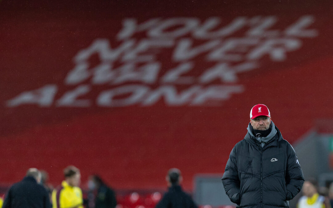 Liverpool's manager Jürgen Klopp during the pre-match warm-up before the FA Premier League match between Liverpool FC and Burnley FC at Anfield