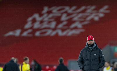 Liverpool's manager Jürgen Klopp during the pre-match warm-up before the FA Premier League match between Liverpool FC and Burnley FC at Anfield