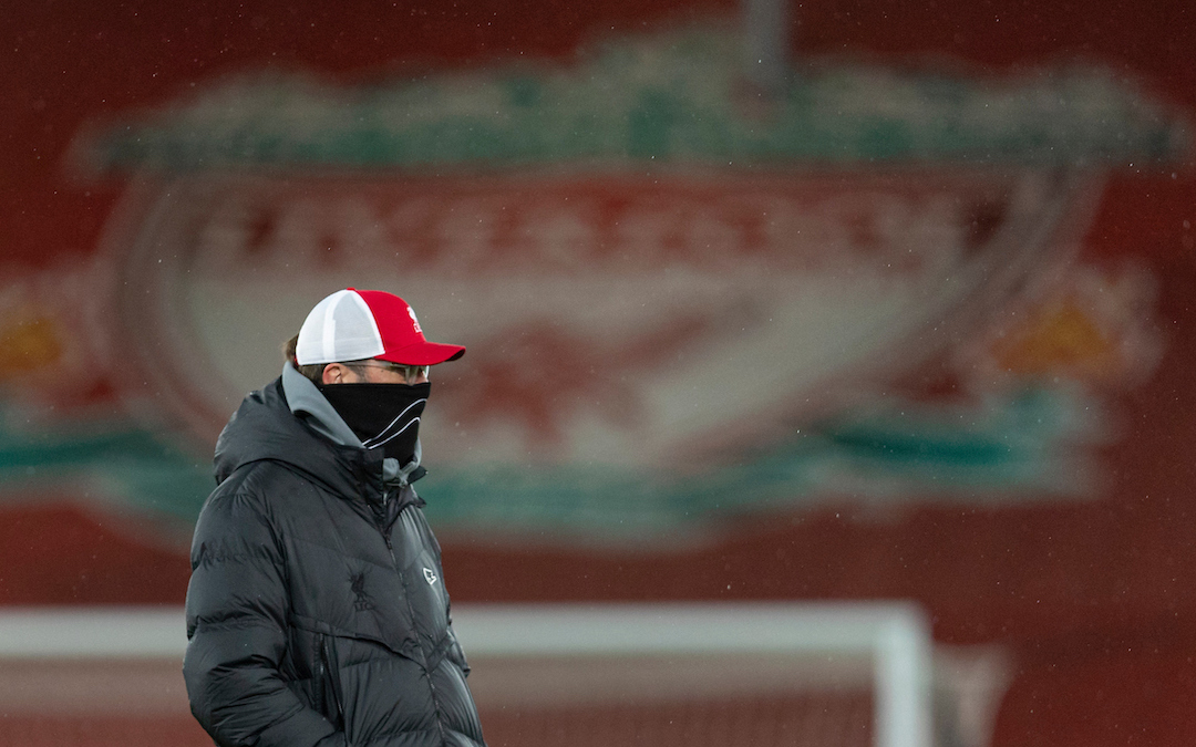 Liverpool's manager Jürgen Klopp during the pre-match warm-up before the FA Premier League match between Liverpool FC and Burnley FC at Anfield