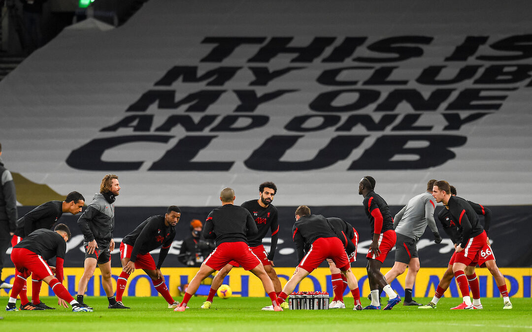 Liverpool's Mohamed Salah and team-mates during the pre-match warm-up before the FA Premier League match between Tottenham Hotspur FC and Liverpool FC at the Tottenham Hotspur Stadium