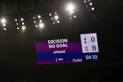 Tottenham Hotspur's opening goal is disallowed for offside after a VAR review during the FA Premier League match between Tottenham Hotspur FC and Liverpool FC at the Tottenham Hotspur Stadium