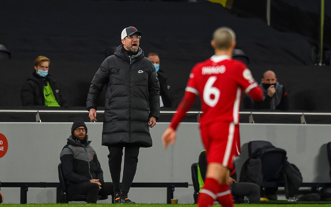 Liverpool's manager Jürgen Klopp reacts during the FA Premier League match between Tottenham Hotspur FC and Liverpool FC at the Tottenham Hotspur Stadium