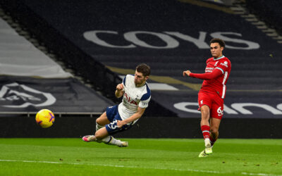 Liverpool's Trent Alexander-Arnold scores the second goal during the FA Premier League match between Tottenham Hotspur FC and Liverpool FC at the Tottenham Hotspur Stadium