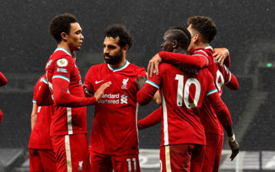 Liverpool's Sadio Mané (R) celebrates with team-mates after scoring the third goal during the FA Premier League match between Tottenham Hotspur FC and Liverpool FC at the Tottenham Hotspur Stadium