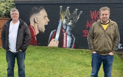 John Gibbons with Dave Kerruish from Liverpool's Nivea campaign in front of his Jordan Henderson mural