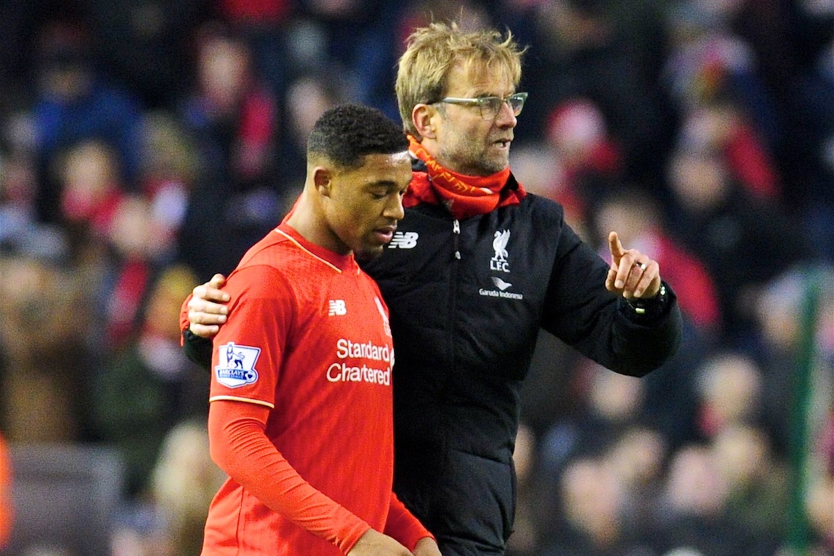 Liverpool's manager Jürgen Klopp talks to Jordon Ibe after the Premier League match against West Bromwich Albion at Anfield