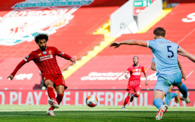 Liverpool’s Mohamed Salah sees his shot saved during the FA Premier League match between Liverpool FC and Burnley FC at Anfield