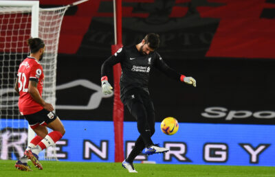 Liverpool's goalkeeper Alisson Becker during the FA Premier League match between Southampton FC and Liverpool FC at St Mary's Stadium