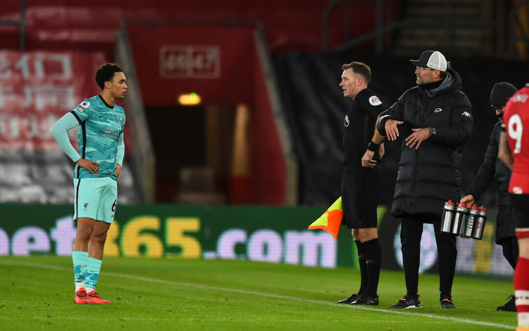 Liverpool's manager Jürgen Klopp and Trent Alexander-Arnold during the FA Premier League match between Southampton FC and Liverpool FC at St Mary's Stadium