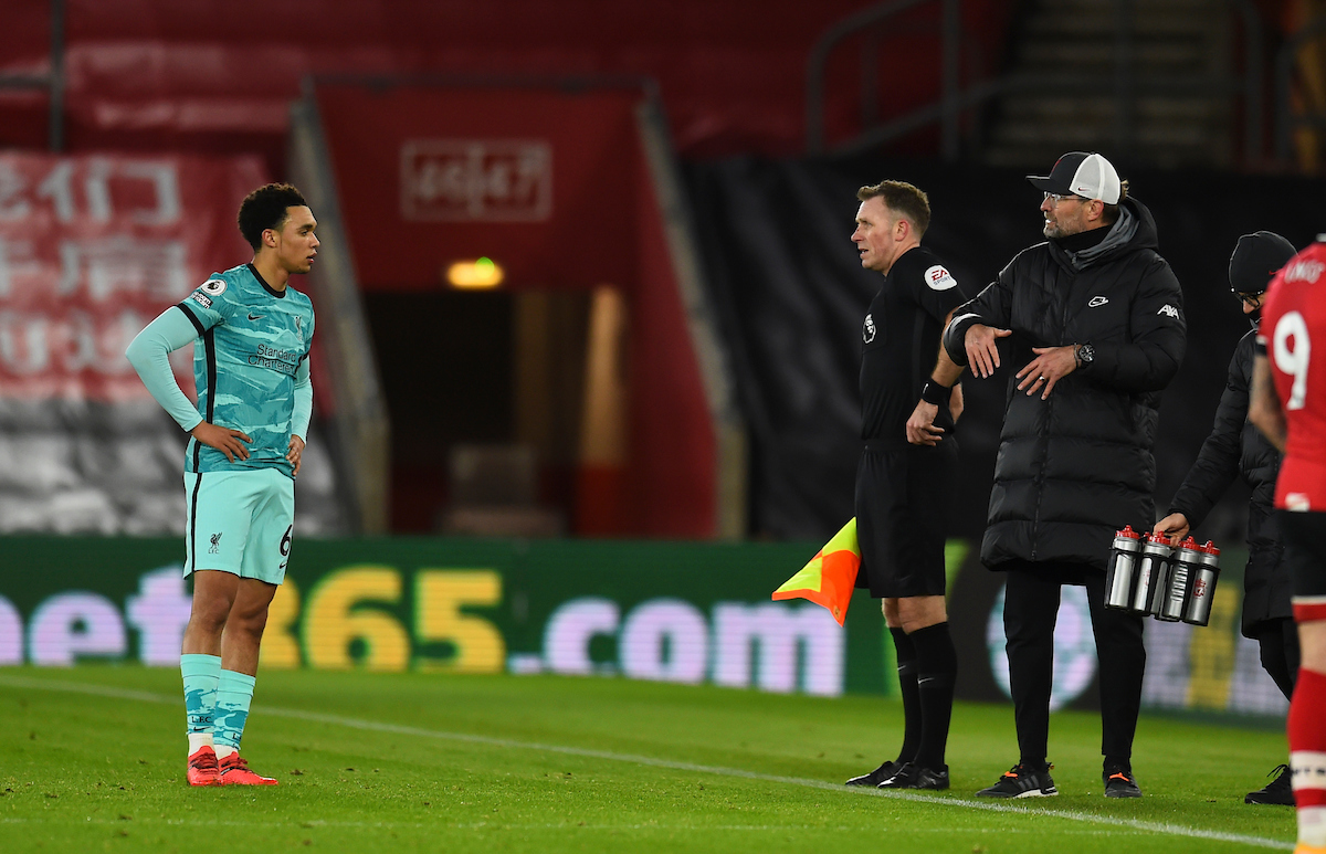 Liverpool's manager Jürgen Klopp and Trent Alexander-Arnold during the FA Premier League match between Southampton FC and Liverpool FC at St Mary's Stadium