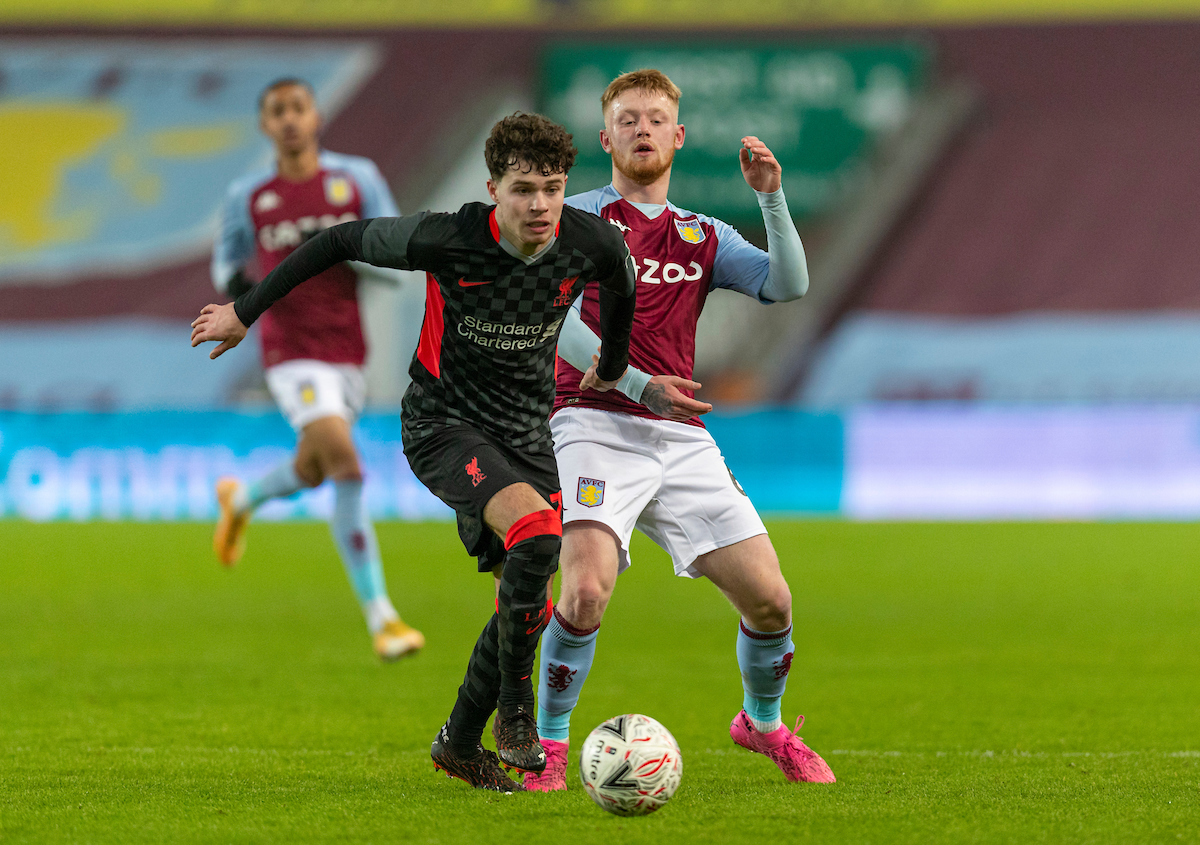 Liverpool's Neco Williams (L) and Aston Villa's substitute Bradley Young during the FA Cup 3rd Round match between Aston Villa FC and Liverpool FC at Villa Park