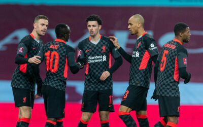 Liverpool's Sadio Mané celebrates after scoring the first goal with team-mates during the FA Cup 3rd Round match between Aston Villa FC and Liverpool FC at Villa Park