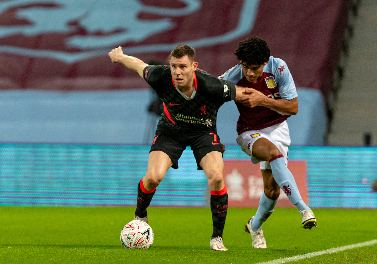 Liverpool's James Milner (L) and Aston Villa's Kaine Hayden during the FA Cup 3rd Round match between Aston Villa FC and Liverpool FC at Villa Park