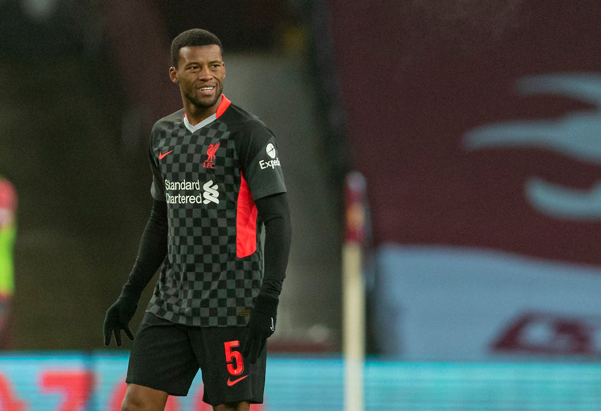 Liverpool's Georginio Wijnaldum celebrates after scoring the second goal during the FA Cup 3rd Round match between Aston Villa FC and Liverpool FC at Villa Park