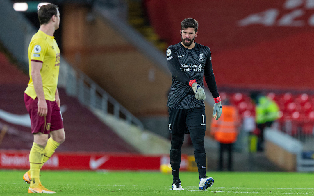 Liverpool's goalkeeper Alisson Becker looks dejected as his side lose 1-0 after he conceded a penalty during the FA Premier League match between Liverpool FC and Burnley FC at Anfield