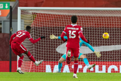 Liverpool's Divock Origi sees his shot hit the woodword during the FA Premier League match between Liverpool FC and Burnley FC at Anfield