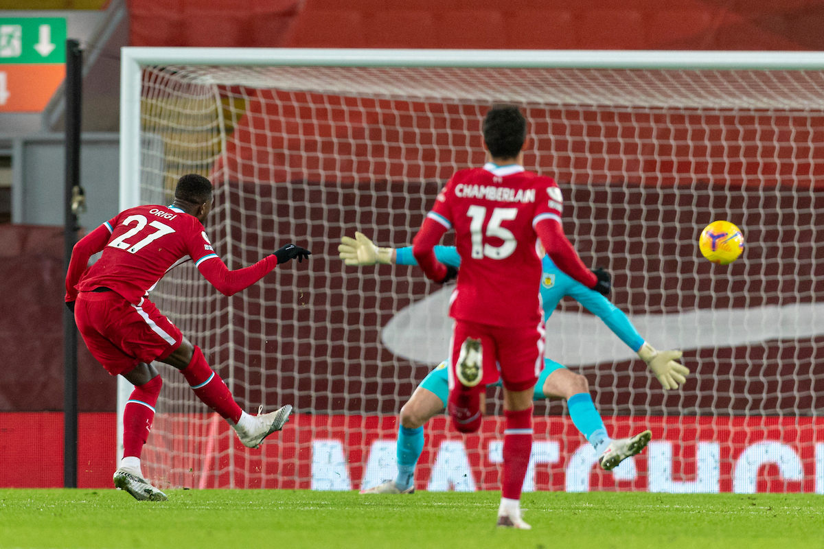 Liverpool's Divock Origi sees his shot hit the woodword during the FA Premier League match between Liverpool FC and Burnley FC at Anfield