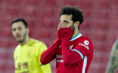 Liverpool's Mohamed Salah looks dejected after missing a chance during the FA Premier League match between Liverpool FC and Burnley FC at Anfield
