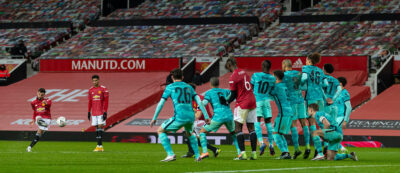 Manchester United's substitute Bruno Fernandes scores the third goal from a free-kick during the FA Cup 4th Round match between Manchester United FC and Liverpool FC at Old Trafford