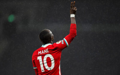 Liverpool's Sadio Mané celebrates after scoring the third goal during the FA Premier League match between Tottenham Hotspur FC and Liverpool FC at the Tottenham Hotspur Stadium