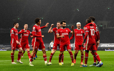 Liverpool's Sadio Mané (R) celebrates with team-mates after scoring the third goal during the FA Premier League match between Tottenham Hotspur FC and Liverpool FC at the Tottenham Hotspur Stadium