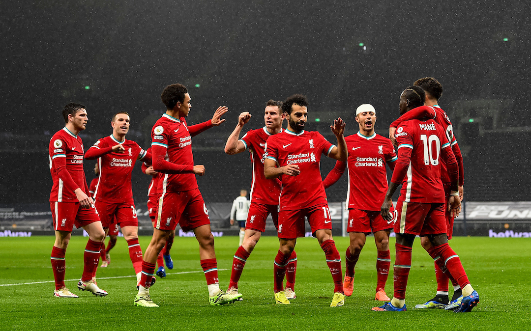 Liverpool's Sadio Mané (R) celebrates with team-mates after scoring the third goal during the FA Premier League match between Tottenham Hotspur FC and Liverpool FC at the Tottenham Hotspur Stadium