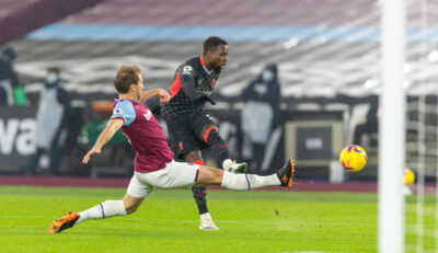 Liverpool's Divock Origi shoots during the FA Premier League match between West Ham United FC and Liverpool FC at the London Stadium