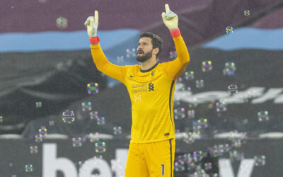 Liverpool's goalkeeper Alisson Becker walks out before the FA Premier League match between West Ham United FC and Liverpool FC at the London Stadium