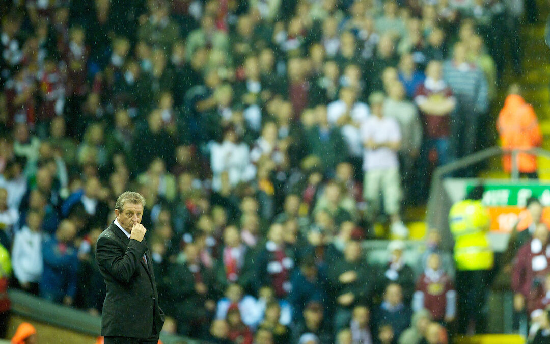 Liverpool's manager Roy Hodgson stand aimlessly as his side crash out to League Two side Northampton Town during the Football League Cup 3rd Round match at Anfield