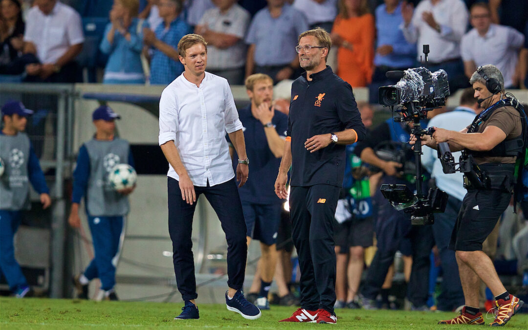 Liverpool's manager Jürgen Klopp and RB Leipzig's head coach Julian Nagelsmann in the UEFA Champions League