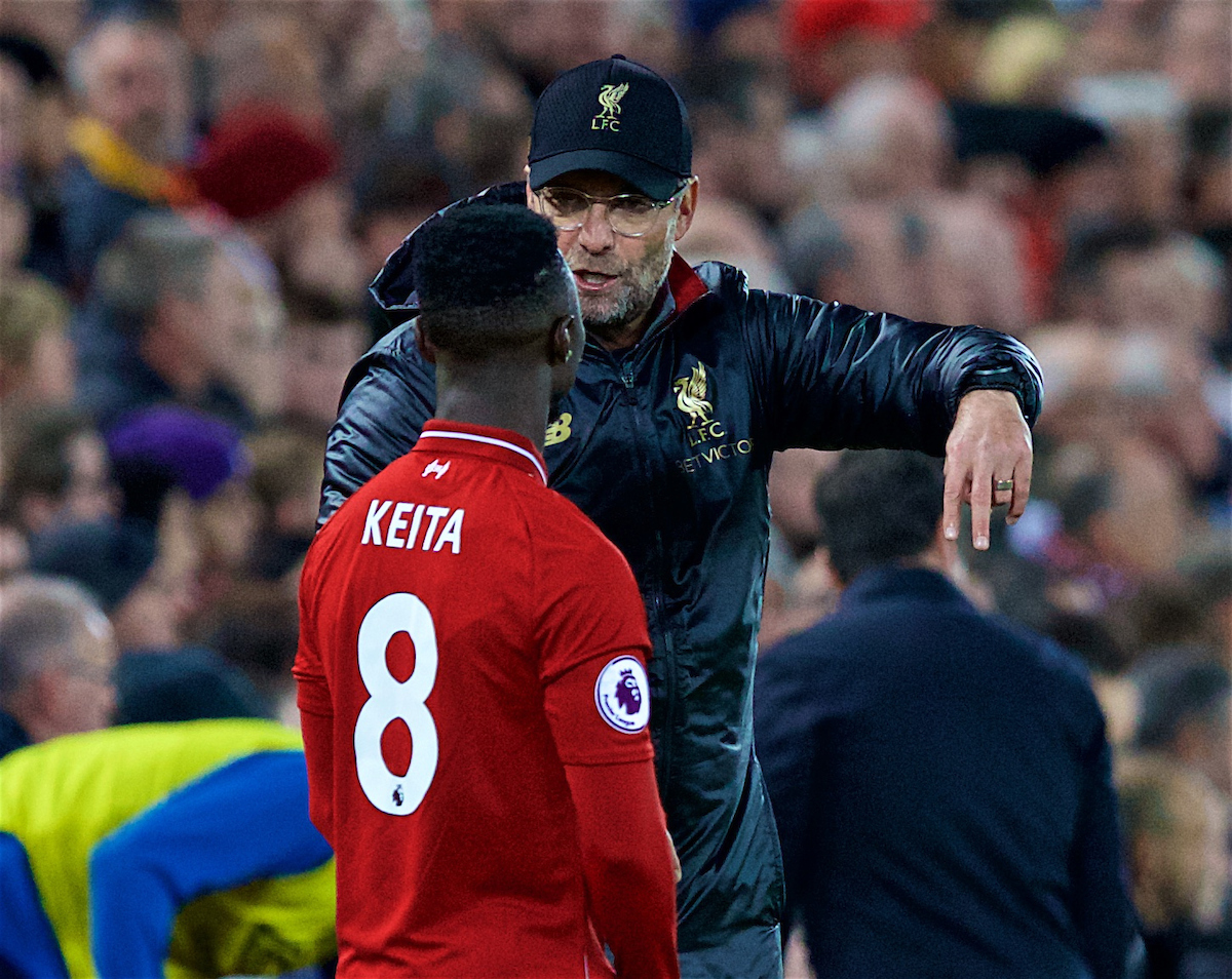 Liverpool's manager Jürgen Klopp prepares to bring on substitute Naby Keita during the FA Premier League match between Liverpool FC and Everton FC at Anfield, the 232nd Merseyside Derby
