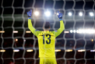 Liverpool's goalkeeper Alisson Becker prays before the UEFA Champions League Group C match between Liverpool FC and SSC Napoli at Anfield