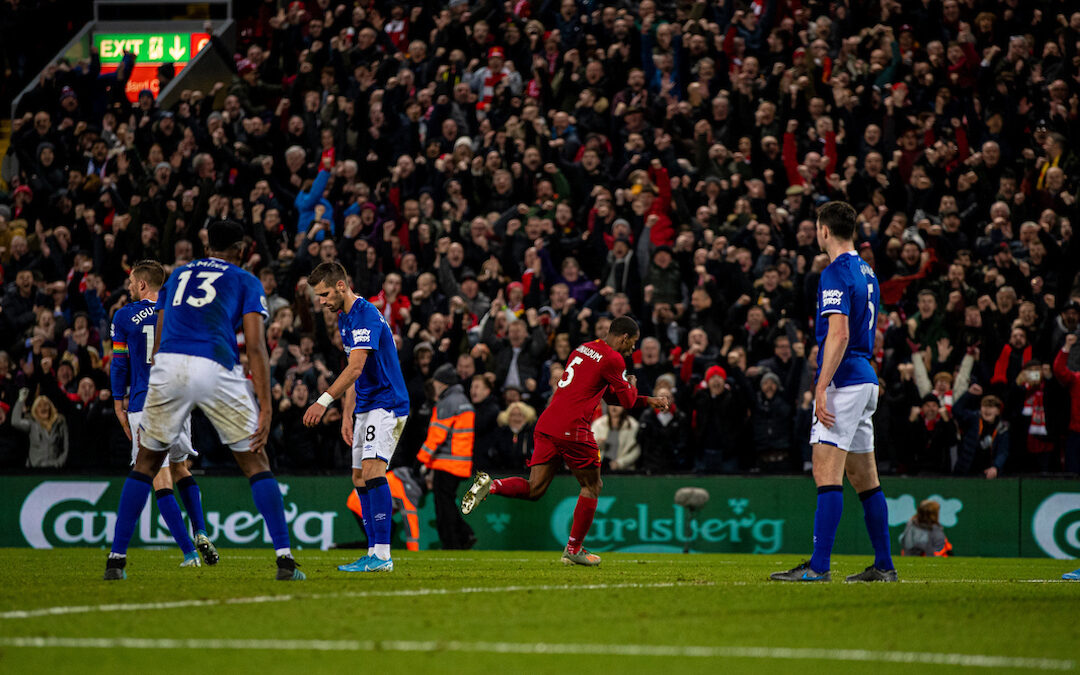 Liverpool's Georginio Wijnaldum celebrates after the fifth goal during the FA Premier League match between Liverpool FC and Everton FC, the 234th Merseyside Derby, at Anfield