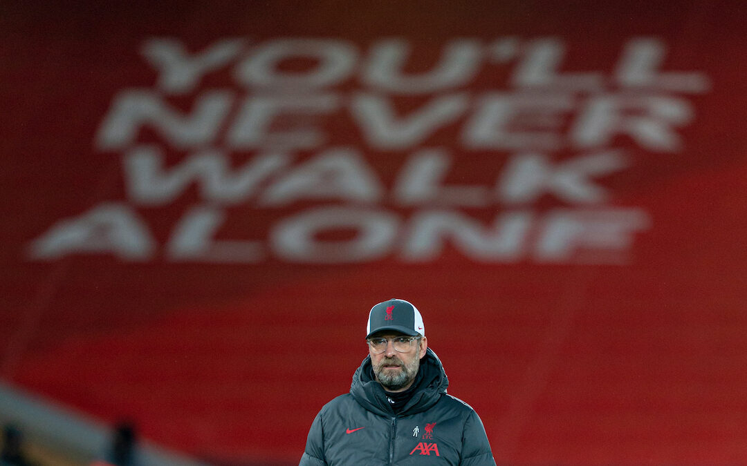 "You'll Never Walk Alone".... Liverpool’s manager Jürgen Klopp during the pre-match warm-up before the FA Premier League match between Liverpool FC and Leicester City FC at Anfield