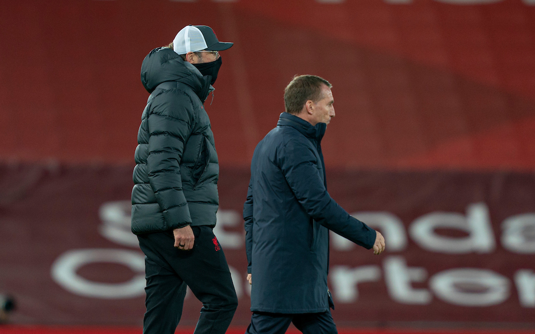 Leicester City's manager Brendan Rodgers (R) and Liverpool’s manager Jürgen Klopp after the FA Premier League match between Liverpool FC and Leicester City FC at Anfield