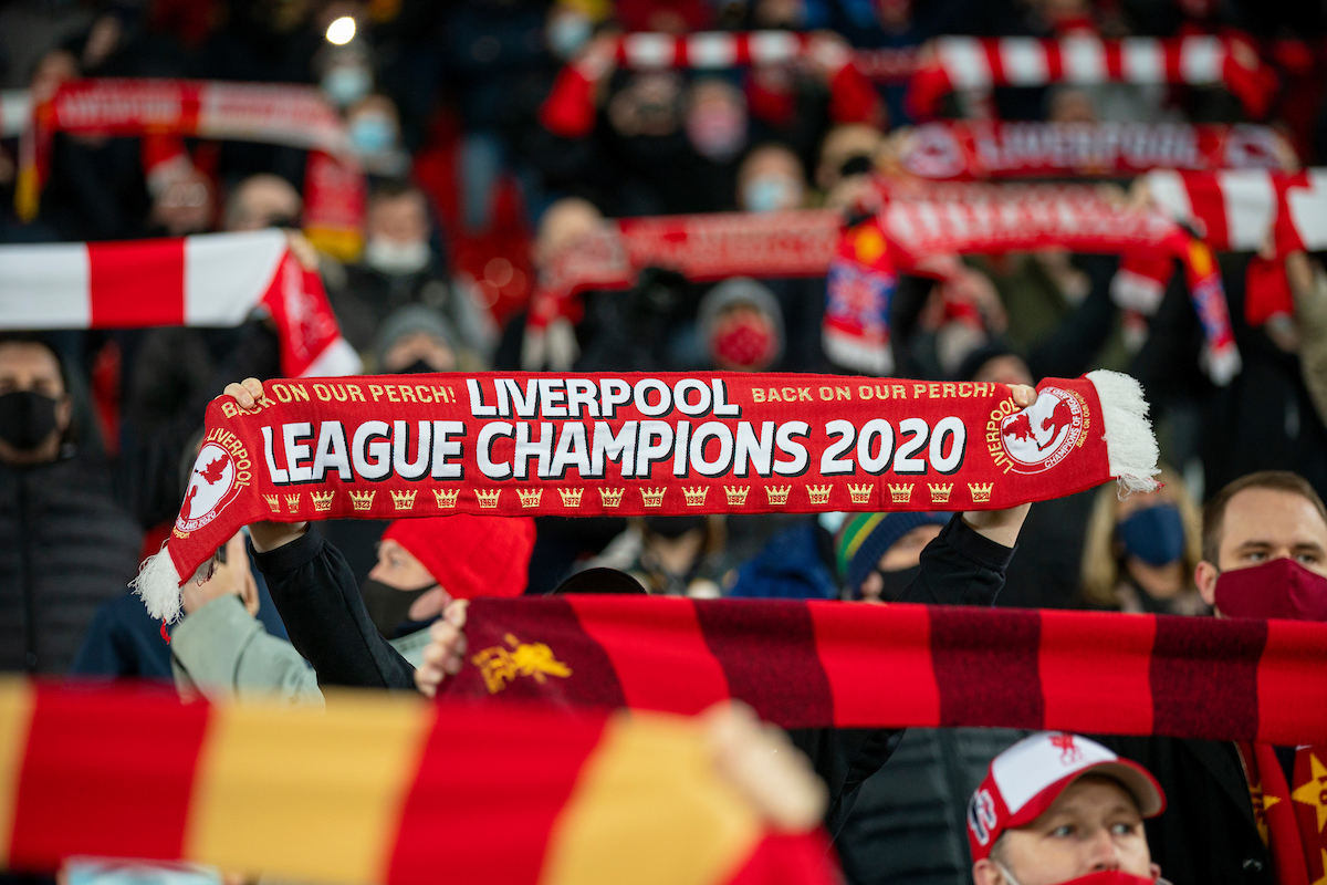 Liverpool supporters on the Spion Kop sing "You'll Never Walk Alone" before the FA Premier League match between Liverpool FC and Wolverhampton Wanderers FC at Anfield