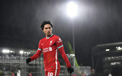 Liverpool's substitute Takumi Minamino during the FA Premier League match between Fulham FC and Liverpool FC at Craven Cottage
